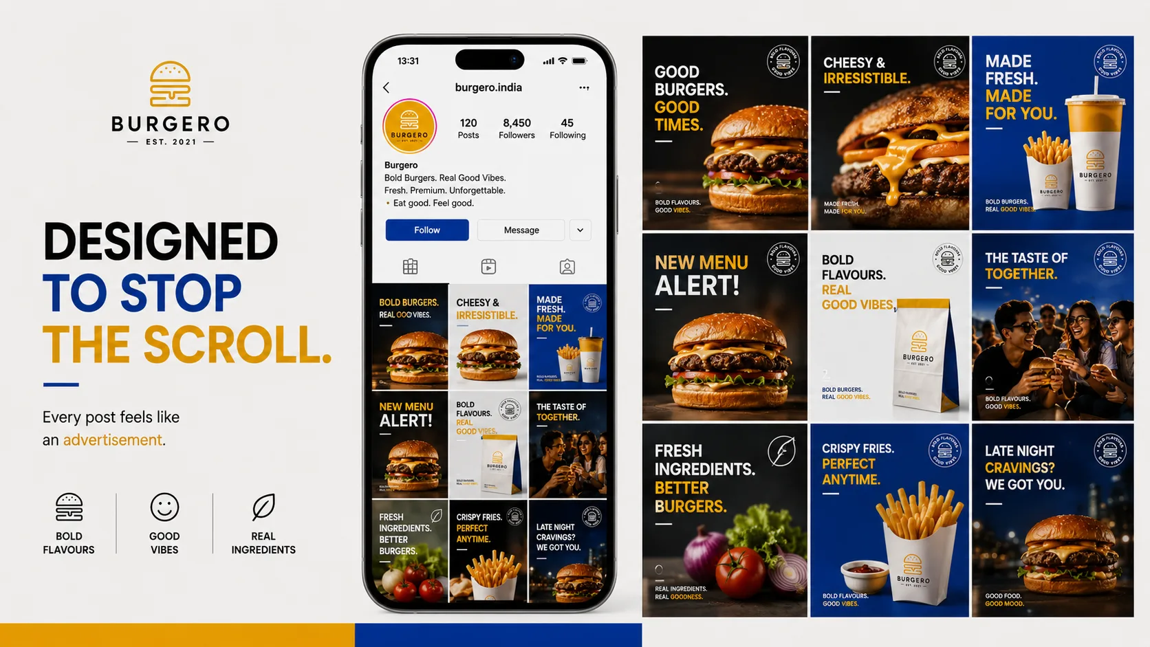 Burgero — Logo and Branding packaging & visual design mockup 14 by Raghav Chopra